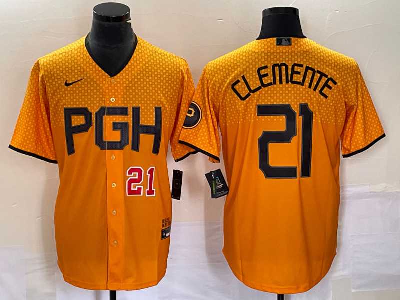 Men%27s Pittsburgh Pirates #21 Roberto Clemente Number Gold 2023 City Connect Stitched Jersey